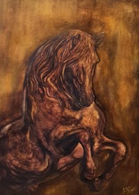 Faiza Bilgrami, Bitumen Horse, 28 x 42 inches, Tar Coal on Canvas, Horse Painting, AC-FZBLG-010